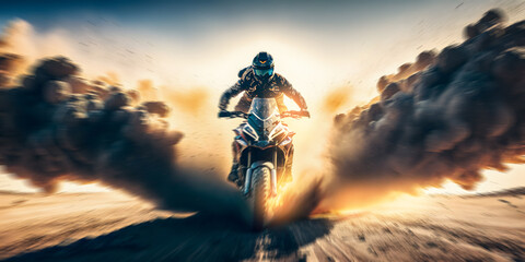 Banner Motocross sport extreme. Motocross rider in ride sand with dust. Generation AI