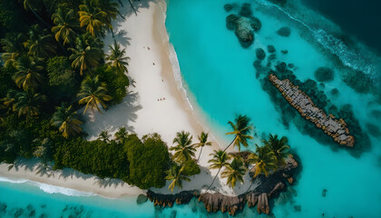 Soaring Over Paradise: Aerial Illustration of Tropical Island's White Sand Beach and Turquoise Water  Generative AI Technology