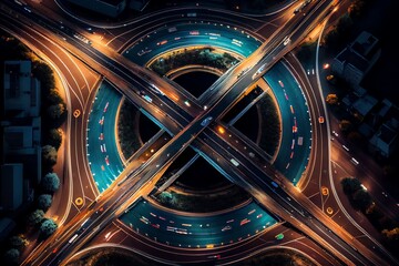 Aerial View Above Of Elevated Road Junction And Traffic An Important Transport At Night. Transportation And Travel Concept. Generative AI