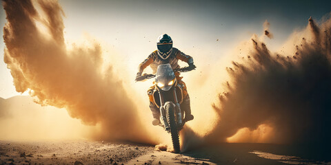 Obraz na płótnie Canvas Banner Motocross sport extreme. Motocross rider in ride sand with dust, sunlight. Generation AI