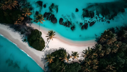 Fototapeta na wymiar Soaring Over Paradise: Aerial Illustration of Tropical Island's White Sand Beach and Turquoise Water Generative AI Technology
