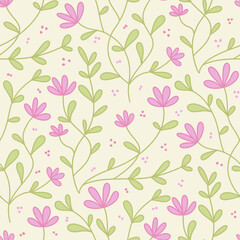seamless pattern with pink flowers and green leaves
