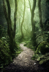 Waldweg durch ein mystischen Wald, Generative AI
