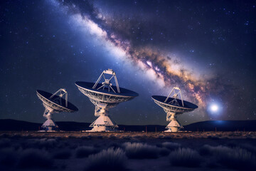 Radio telescopes night sky with Milky Way. Concept search for exoplanets, detection of aliens. AI generation - obrazy, fototapety, plakaty