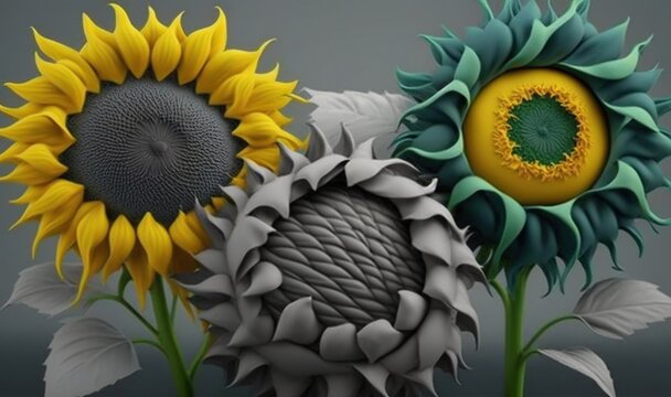  three sunflowers with green leaves and yellow center on a gray background with a gray background and a black background with a white border.  generative ai