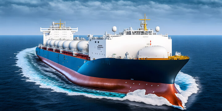 Tanker Liquefied Natural Gas LNG ship sails on ocean water, banner logistic. Generation AI