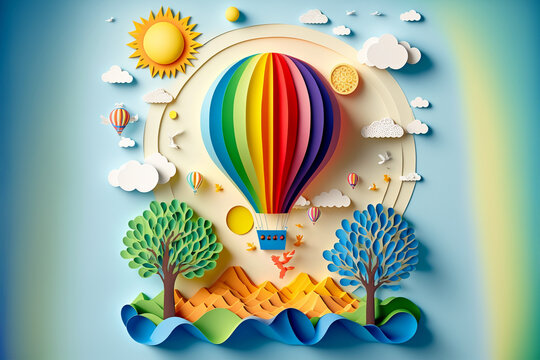 Fototapeta Hot air balloon over the mountains, paper craft art or origami style for baby nursery, children design.Generative ai.