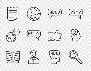 Set line Open book, Magnifying glass, Alphabet, Graduate and graduation cap, Notebook, Hello different languages, Learning foreign and Head with gear inside icon. Vector