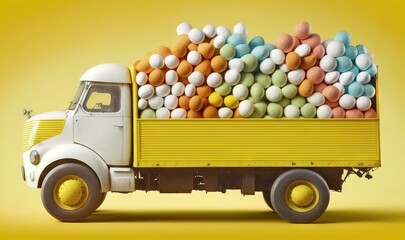  a truck with a yellow trailer filled with colorful balls of candy on the back of it's cab and a yellow background behind it.  generative ai