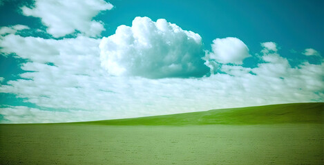Obraz na płótnie Canvas Fresh green field spring landscape with blue sky. Minimalistic empty scene. Generative AI