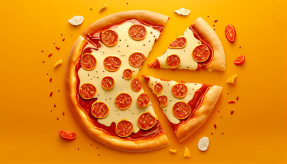 Tasty pepperoni pizza and cooking ingredients tomatoes basil on yellow background. Top view of hot pepperoni pizza. Flat lay, generative ai