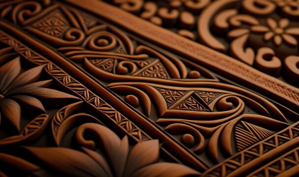  a close up of a wooden carving of a flower and leaf design on a piece of wood with a black background and a brown background.  generative ai