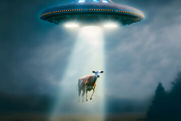 View rural landscape with cows and UFO. The concept of nightly abduction of living beings by aliens of other civilizations. Generative AI - obrazy, fototapety, plakaty