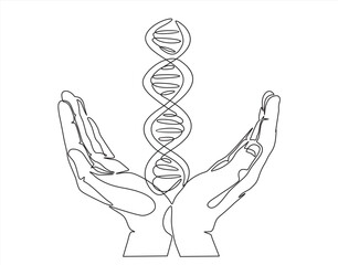 One continuous line drawing of hands holding DNA. vector illustration