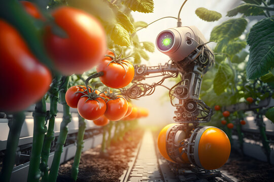 Industrial modern 4.0 greenhouse to grow tomatoes with robots drone. Concept banner technology innovations farming. Generation AI