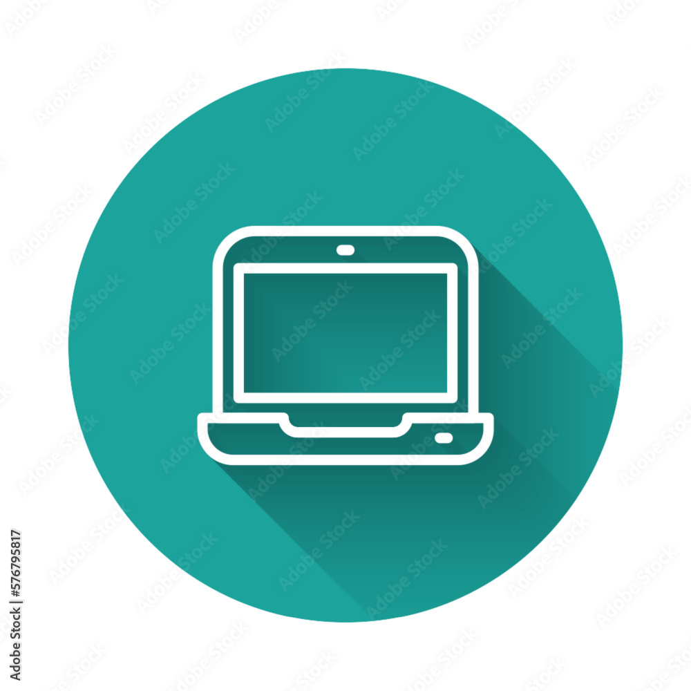 Poster white line laptop icon isolated with long shadow background. computer notebook with empty screen sig
