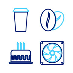 Set line Computer cooler, Cake with burning candles, Coffee beans and cup icon. Vector