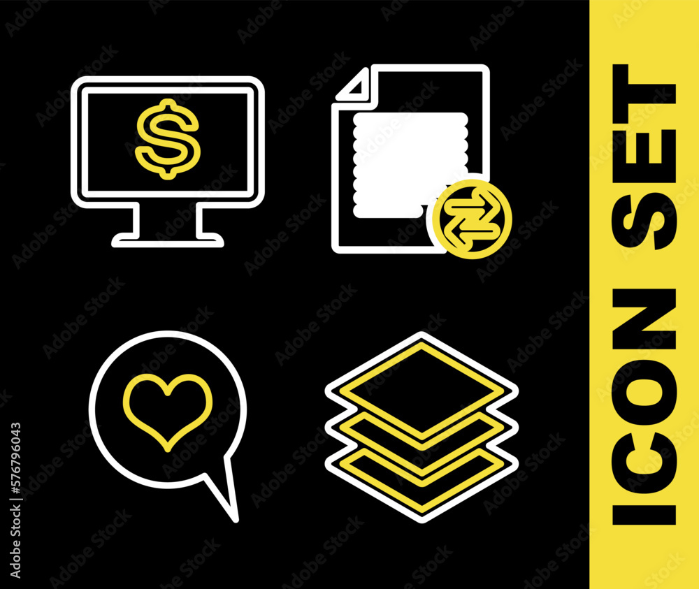 Poster set line transfer files, layers, heart in speech bubble and monitor with dollar icon. vector