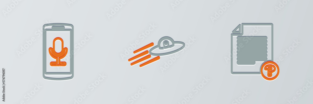 Poster set line unknown document, mobile recording and ufo flying spaceship and alien icon. vector