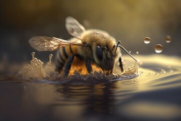 Bee on Water. Honey Bee macro shot (Generative AI)