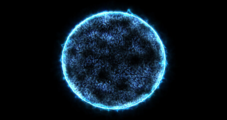 Abstract energy sphere round planet star futuristic cosmic blue beautiful glowing magic on black background. Abstract background