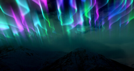 The abstract background of the multi -colored northern lights and mountains in the north, a bright iridescent realistic light light in the sky