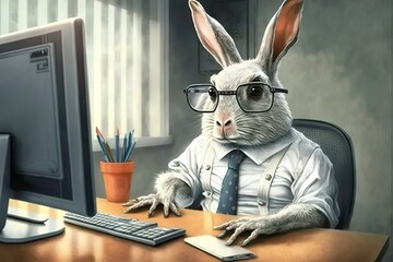Rabbit man in a shirt in the office. The clerk is doing paperwork. Nerd hare doing routine. Generative art.