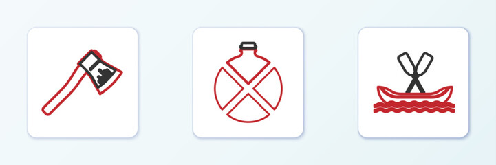 Set line Rafting boat, Wooden axe and Canteen water bottle icon. Vector