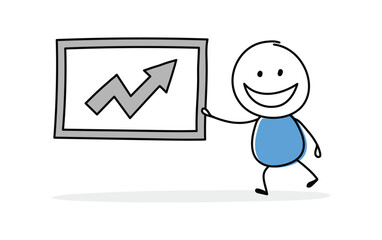 Funny cartoon stickman holding graph with arrow icon. Hand drawn design for a business presentation. Vector illustration