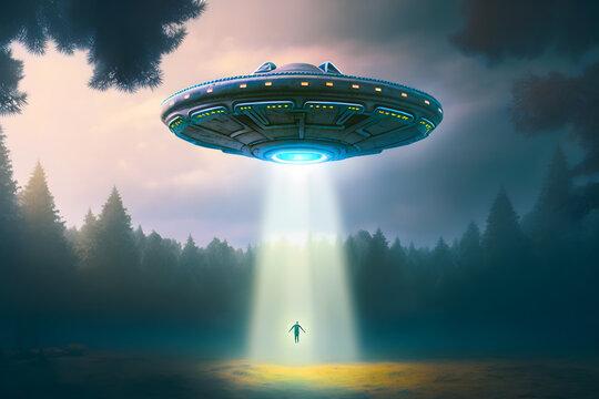View road with cars and UFO. The concept of nightly abduction of living beings by aliens of other civilizations. Generative AI