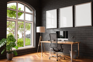 comfortable workplace with pc on wooden desk in office at home; bright sunlight from side large window and wall; canvas copy space;  remote work freelance; 3D Illustration