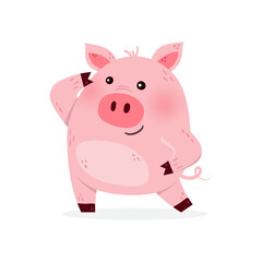 Cute cartoon pig on a white background. Design of a funny animal character. Vector illustration