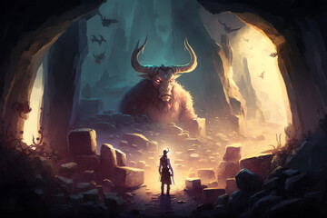 Theseus found the creature minotaur in cave labyrinth greek mythology tale. Neural network AI generated art