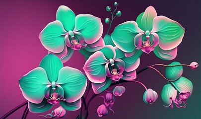  a painting of a branch with flowers and leaves on a purple and blue background with a black background and a pink and blue background with a purple border.  generative ai