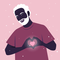 African elderly man making a heart sign with his hands. Love gesture. Portrait of a loving grandfather. Valentine’s day postcard. Vector flat illustration.