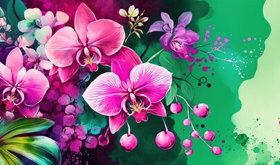 Fototapeta na wymiar a painting of pink flowers on a green and pink background with a butterfly flying over it and a green and pink background with a pink flower. generative ai
