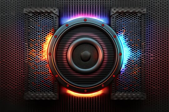 Party speaker with illuminated grille behind black metal cover. Photo generative AI