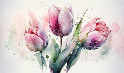  a painting of three pink tulips with watercolor splashes on the background of a white wall and a white wall with a pink and green border.  generative ai