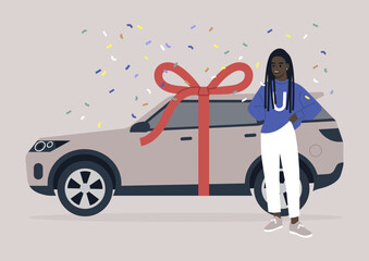 A cheerful young female African character being gifted their first car, a celebratory moment