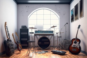 Room with MIDI Keyboard, Guitar, Trumpet and Drum Instruments. Photo generative AI