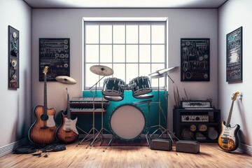 Room with MIDI Keyboard, Guitar, Trumpet and Drum Instruments. Photo generative AI