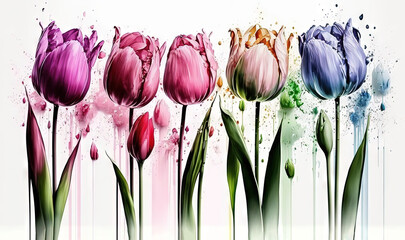  a painting of a row of tulips with watercolor splashes on the side of the picture and the bottom of the picture.  generative ai
