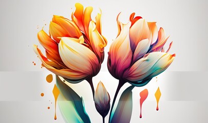  two colorful flowers with a splash of paint on the side of them, on a white background with a diagonal strip of orange and blue lines.  generative ai