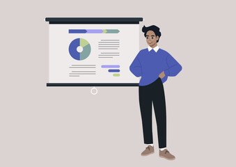 A young male Caucasian financial advisor reporting on a conference, a video projector screen with a pie chart infographics