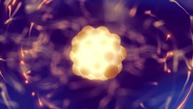 Atomic nucleus and electron cloud, zoom out animation. Atomic structure and nuclear power concept