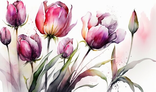  a watercolor painting of pink tulips on a white background with a splash of watercolor on the bottom of the image and bottom half of the image.  generative ai