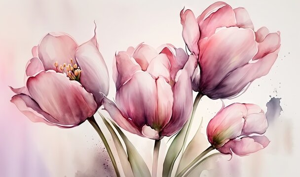  a painting of pink tulips on a white background with watercolors on paper with a spray of watercolor on the back of the image.  generative ai