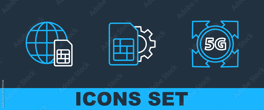 Poster set line 5g network, and sim card setting icon. vector