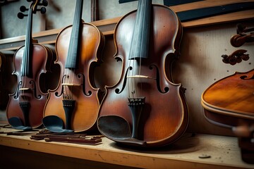 Vienna's Luthiers: Old Violins. Photo generative AI - obrazy, fototapety, plakaty