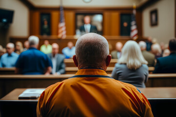 Court session defendant in orange suit. Court of Law and Justice, people listen to arguments and evidence, excuses. The concept of the judicial system American flag. Generative AI - obrazy, fototapety, plakaty